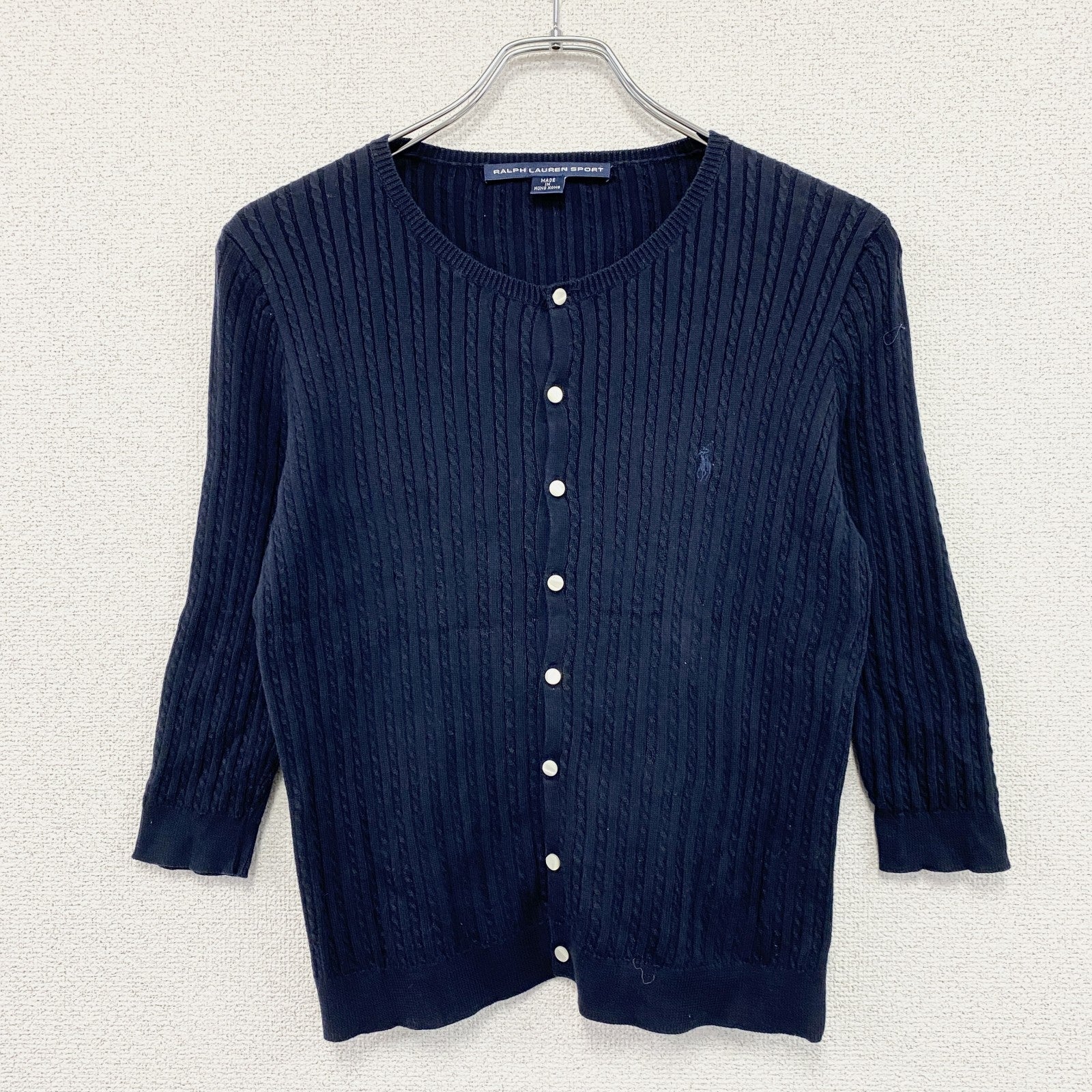 90s　RALPH LAUREN SPORT　ラルフローレンスポーツ　コットンニットカーディガン　刺繍ロゴ　紺　ネイビー　Mサイズ