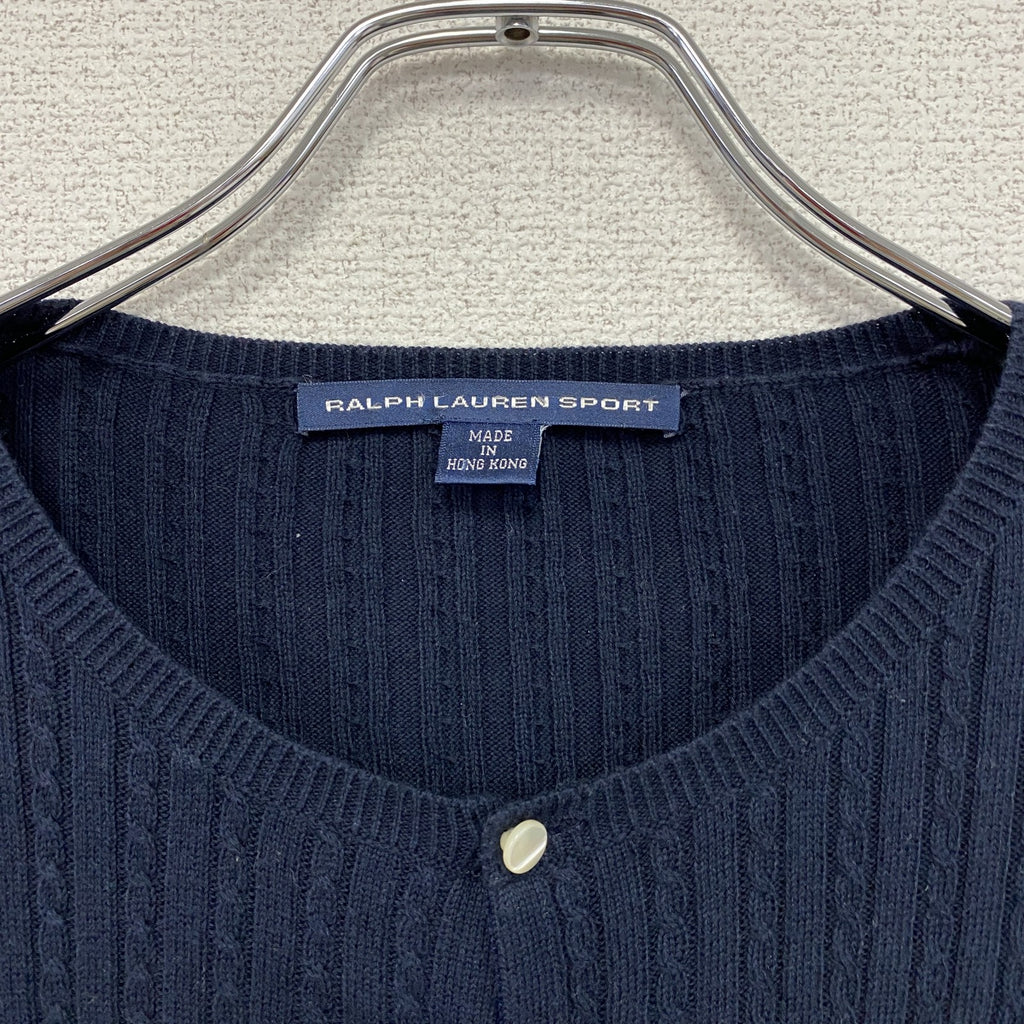 90s　RALPH LAUREN SPORT　ラルフローレンスポーツ　コットンニットカーディガン　刺繍ロゴ　紺　ネイビー　Mサイズ