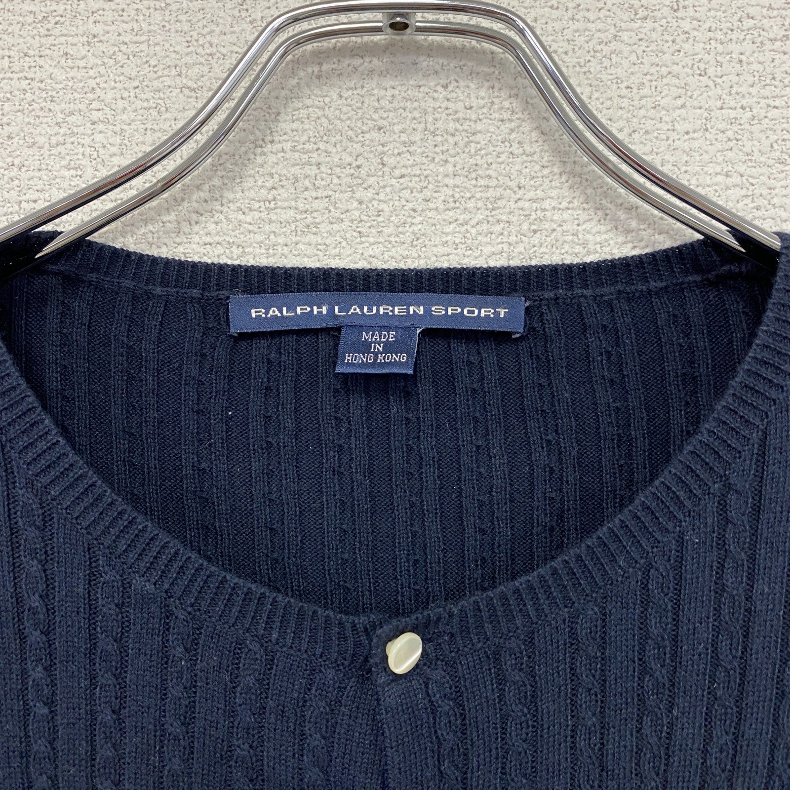 90s　RALPH LAUREN SPORT　ラルフローレンスポーツ　コットンニットカーディガン　刺繍ロゴ　紺　ネイビー　Mサイズ