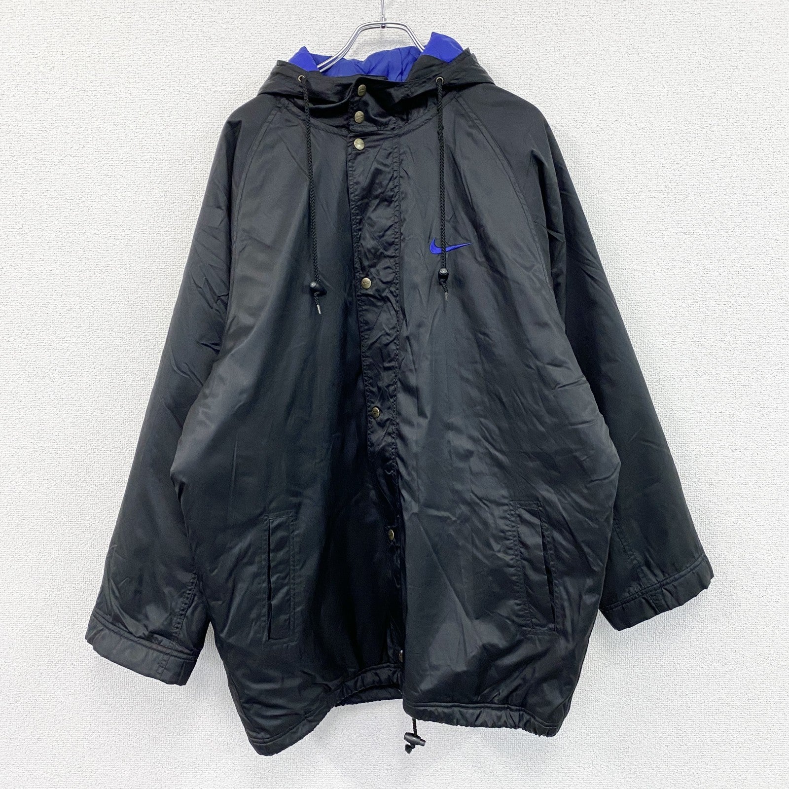 90s　NIKE　ナイキ　モッズコート　ベンチコート　中綿入り　ヴィンテージ　スウッシュ　黒　ブラック　Lサイズ　古着