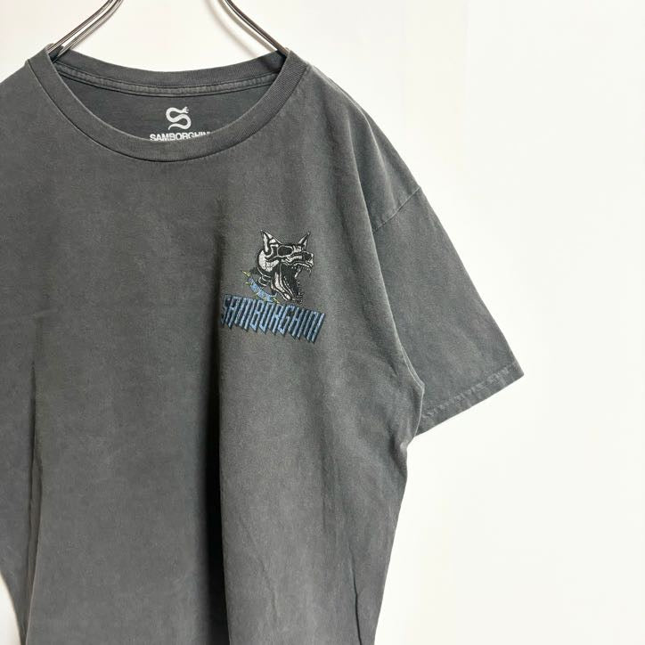 古着 used　SAMBORGHINI　半袖バックプリントTシャツ　ワンポイント　切りっぱなし　グレー　春夏服　Lサイズ