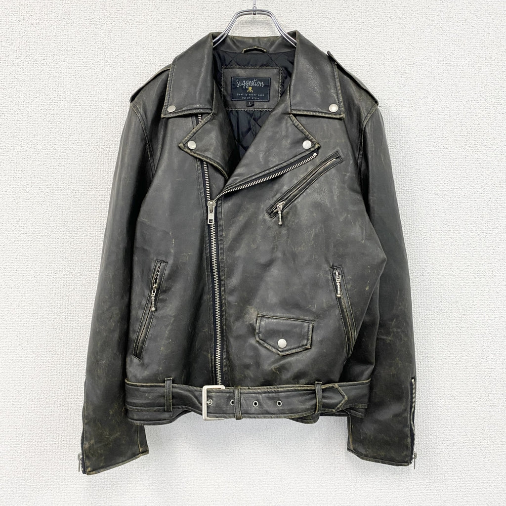 SUGGESTION　サジェッション　フェイクレザージャケット/ダブルライダースジャケット　黒　ブラック　Lサイズ　古着