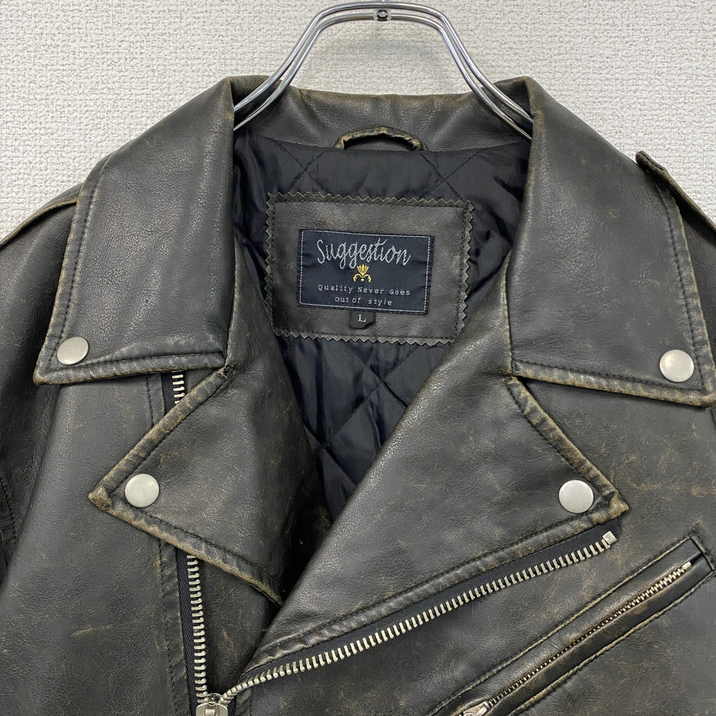 SUGGESTION　サジェッション　フェイクレザージャケット/ダブルライダースジャケット　黒　ブラック　Lサイズ　古着