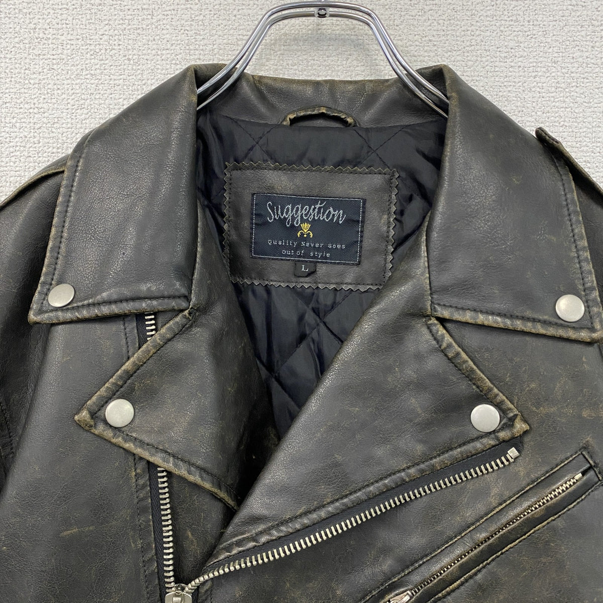 SUGGESTION　サジェッション　フェイクレザージャケット/ダブルライダースジャケット　黒　ブラック　Lサイズ　古着
