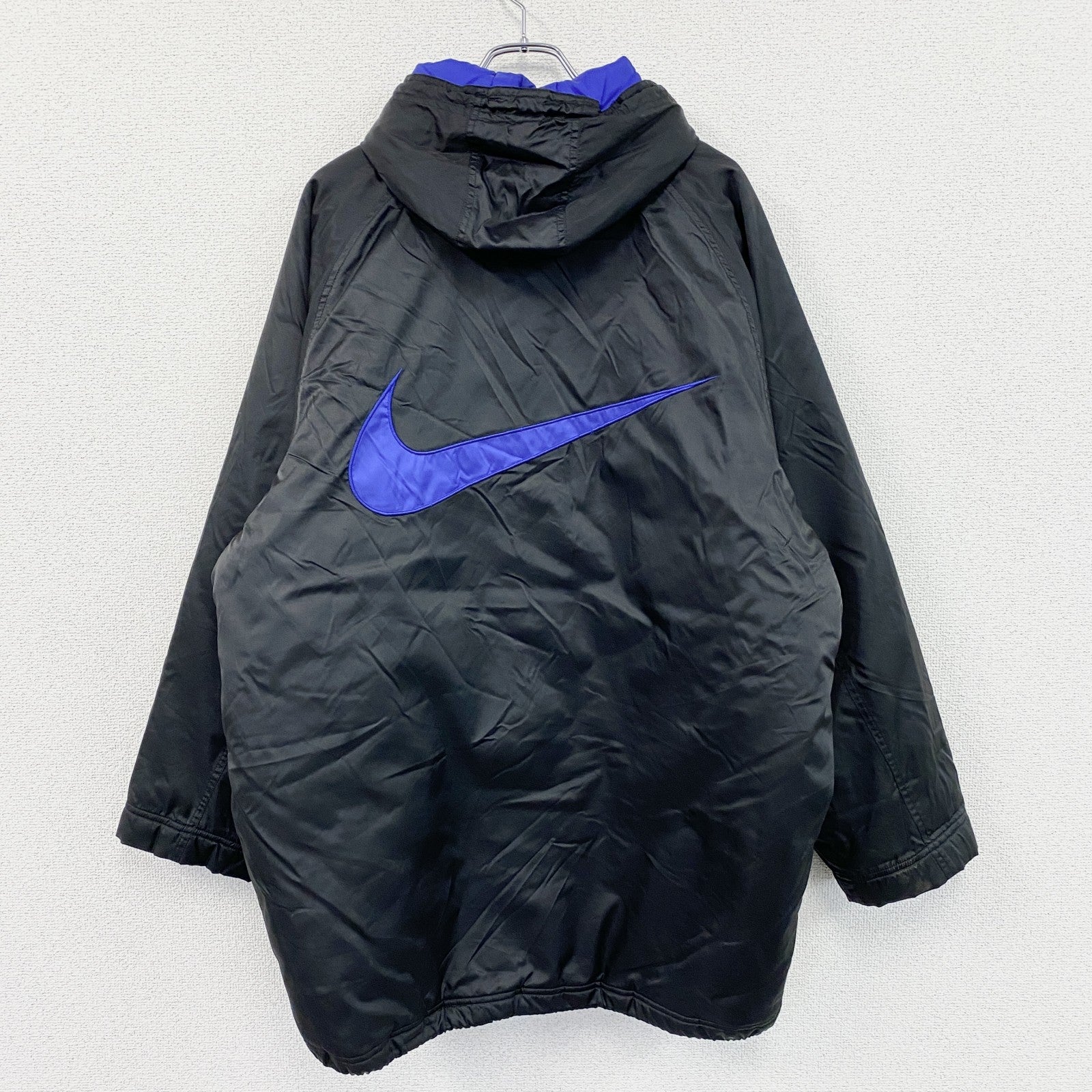 90s　NIKE　ナイキ　モッズコート　ベンチコート　中綿入り　ヴィンテージ　スウッシュ　黒　ブラック　Lサイズ　古着