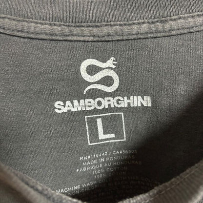 古着 used　SAMBORGHINI　半袖バックプリントTシャツ　ワンポイント　切りっぱなし　グレー　春夏服　Lサイズ