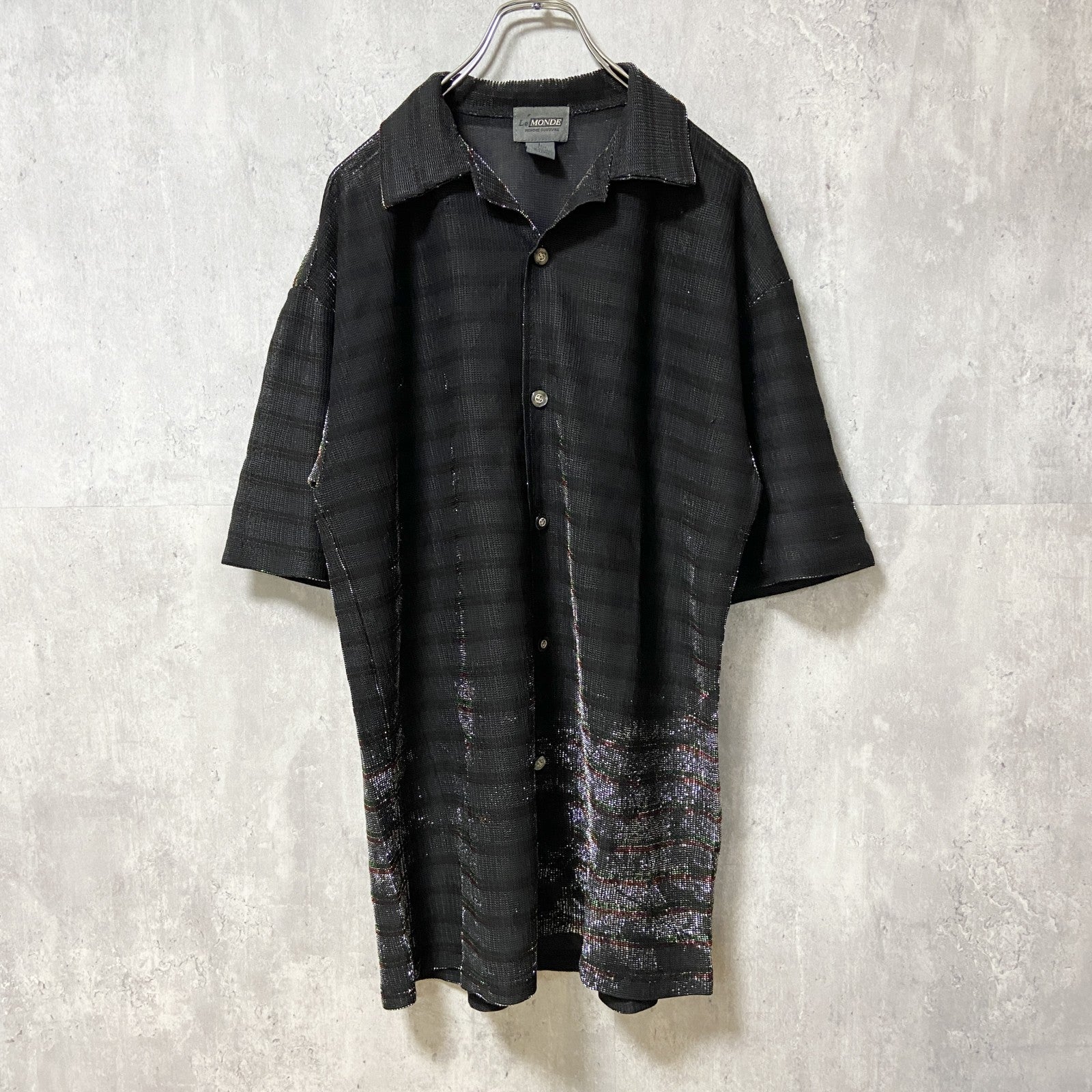 LeMONDE　ルモンド　半袖開襟シャツ　ボーダー　黒　ブラック　レトロ　個性的　キラキラ　Lサイズ　古着