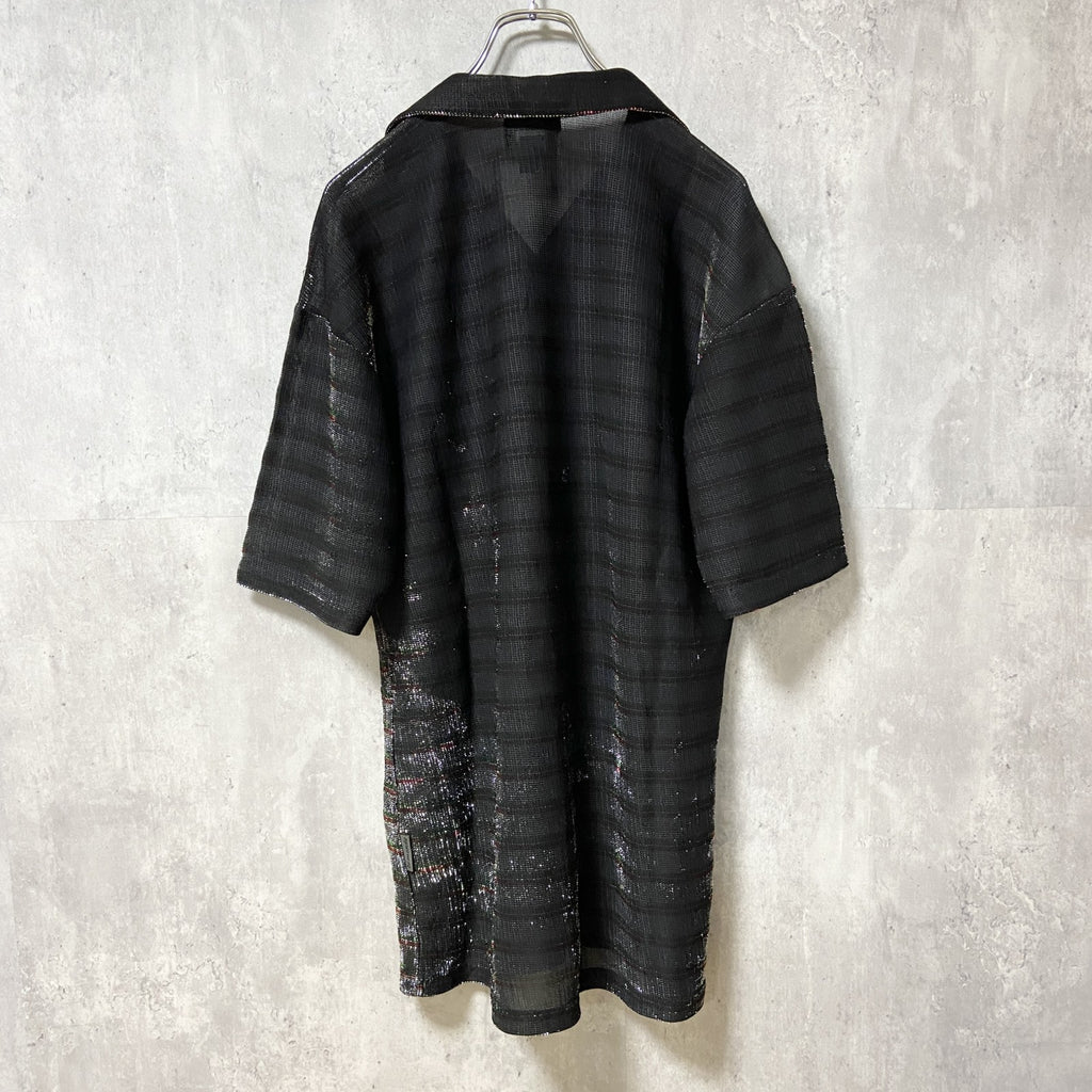 LeMONDE　ルモンド　半袖開襟シャツ　ボーダー　黒　ブラック　レトロ　個性的　キラキラ　Lサイズ　古着
