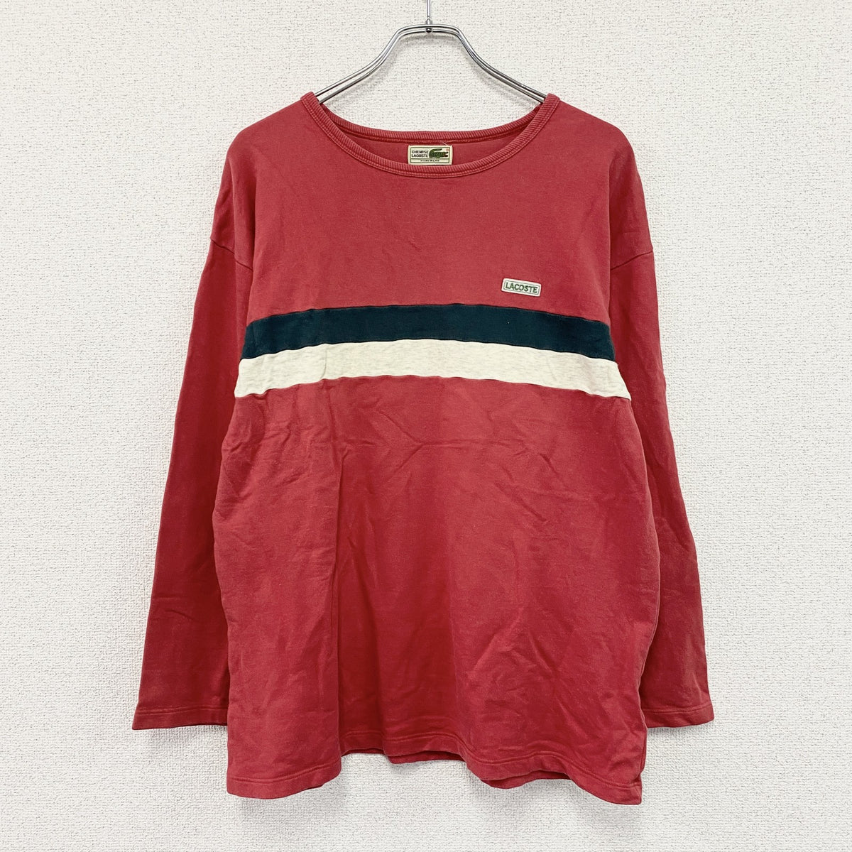 80s　LACOSTE　ラコステ　長袖Tシャツ/ロンT　フェード　ボーダー柄　ワンポイント　赤　レッド　Lサイズ　古着