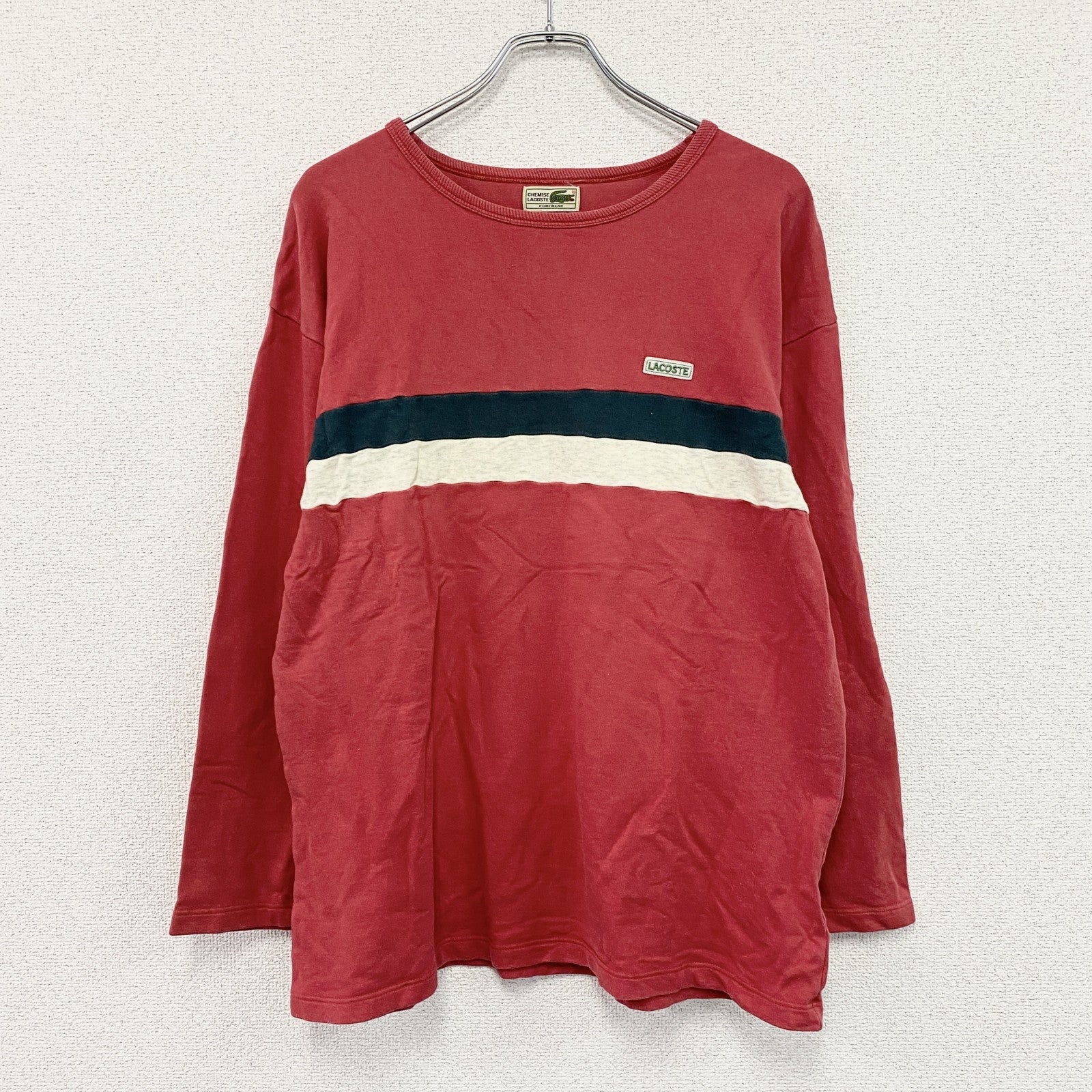 80s　LACOSTE　ラコステ　長袖Tシャツ/ロンT　フェード　ボーダー柄　ワンポイント　赤　レッド　Lサイズ　古着