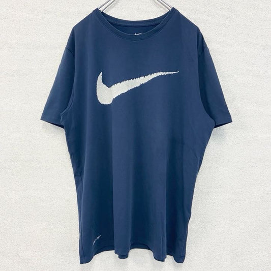 古着 used　NIKE　ナイキ　半袖プリントTシャツ　スウッシュロゴ　DRI-FIT　レトロデザイン　紺　ネイビー　XLサイズ