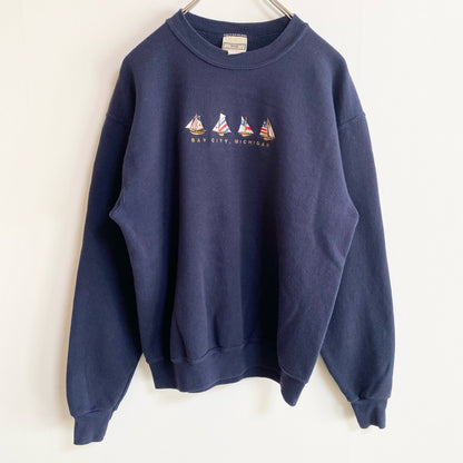 古着 used 90s Lee リー　長袖刺繍スウェット　トレーナー　ネイビー　紺　レトロデザイン　Mサイズ