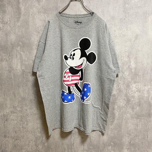 古着 used　Disney ディズニー　Mickey ミッキー　半袖プリントＴシャツ　グレー　星条旗　クルーネック　キャラクター