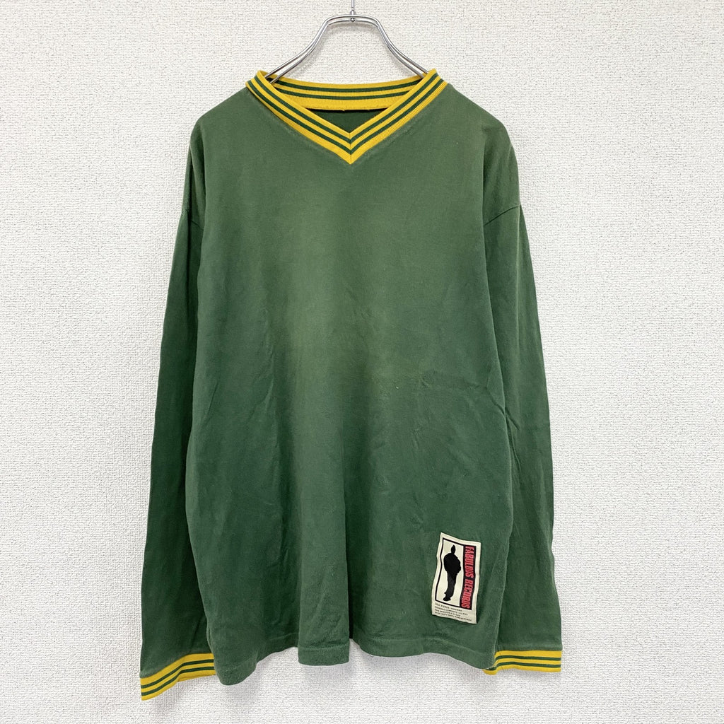 FABULOUS RECORDS　長袖プリントTシャツ/ロンT　Vネック　緑　グリーン カットソー メンズ コットン 古着