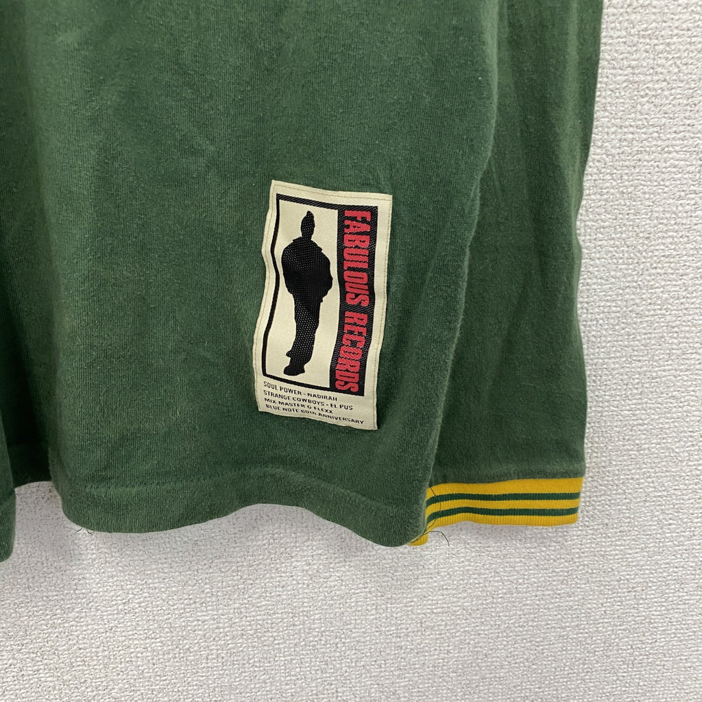 FABULOUS RECORDS　長袖プリントTシャツ/ロンT　Vネック　緑　グリーン カットソー メンズ コットン 古着