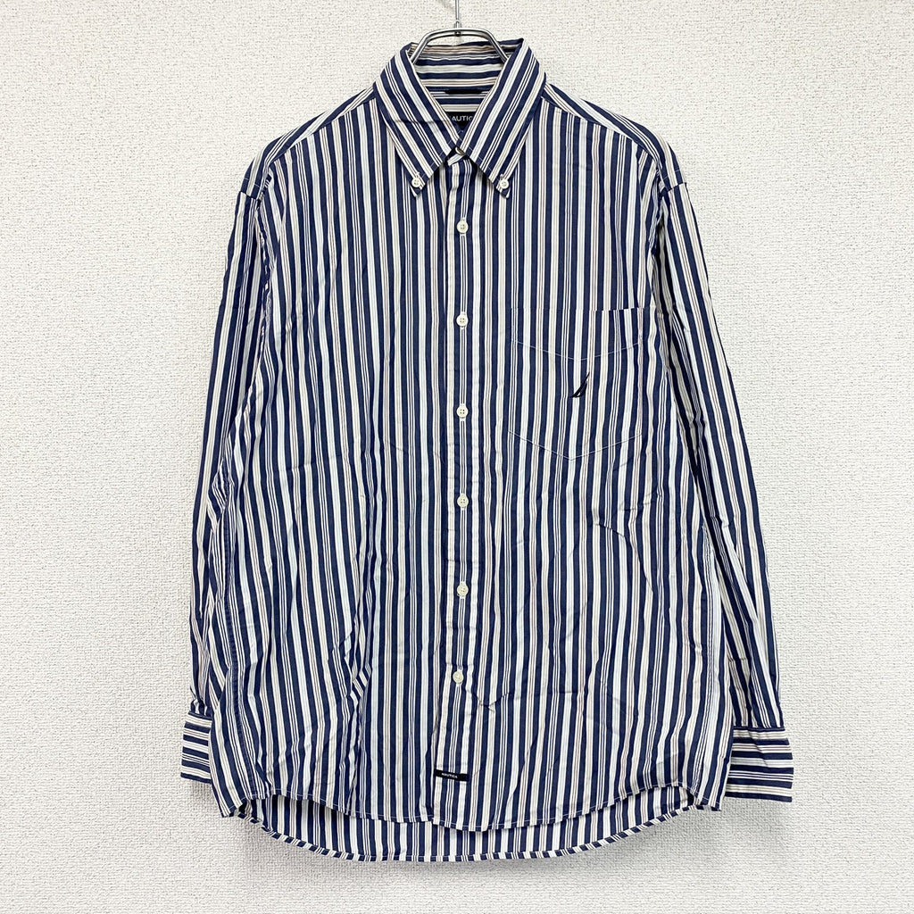 NAUTICA　ノーティカ　SANDED POPLIN　長袖ボタンダウンシャツ　ストライプ　マルチカラー　紺　ネイビー　Mサイズ