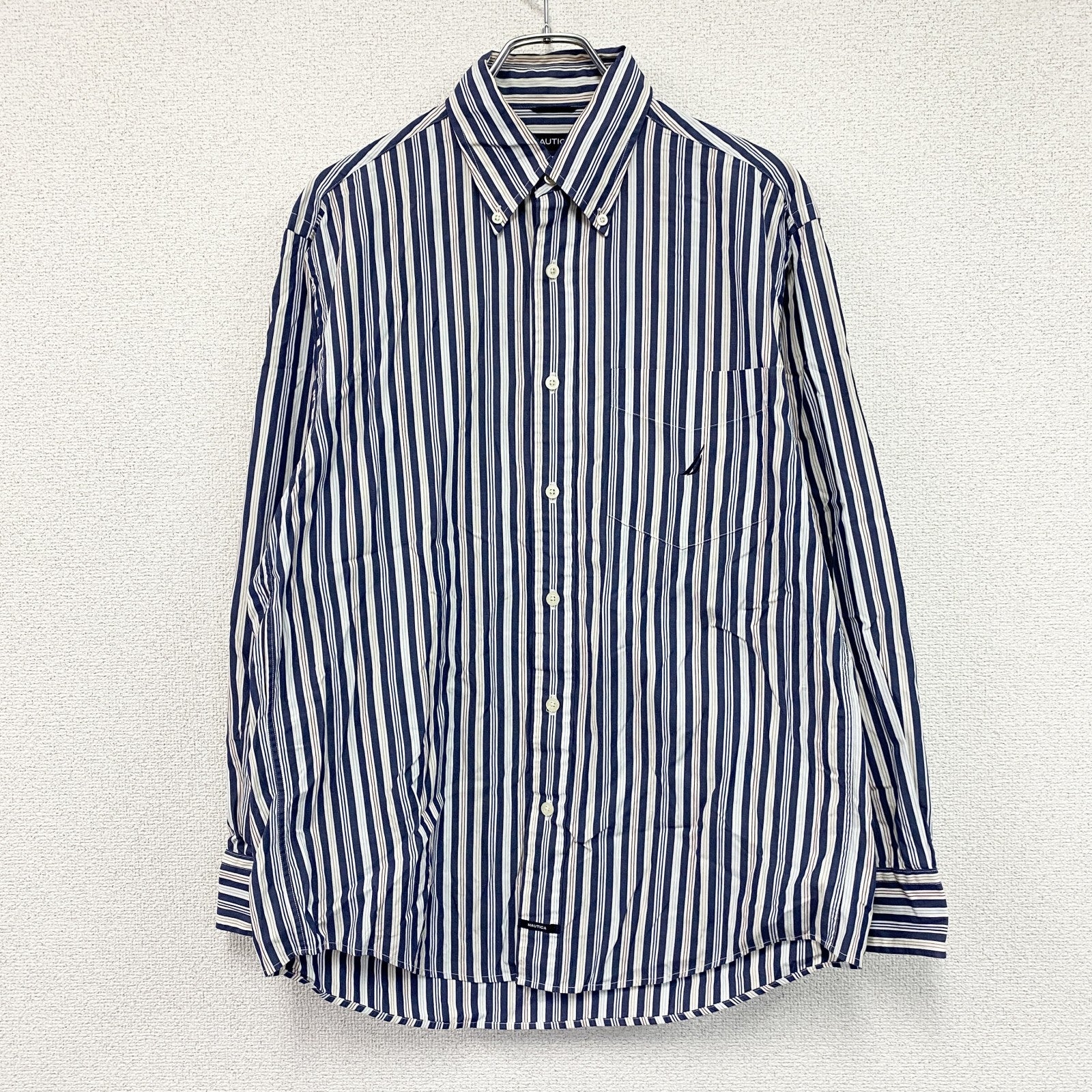 NAUTICA　ノーティカ　SANDED POPLIN　長袖ボタンダウンシャツ　ストライプ　マルチカラー　紺　ネイビー　Mサイズ