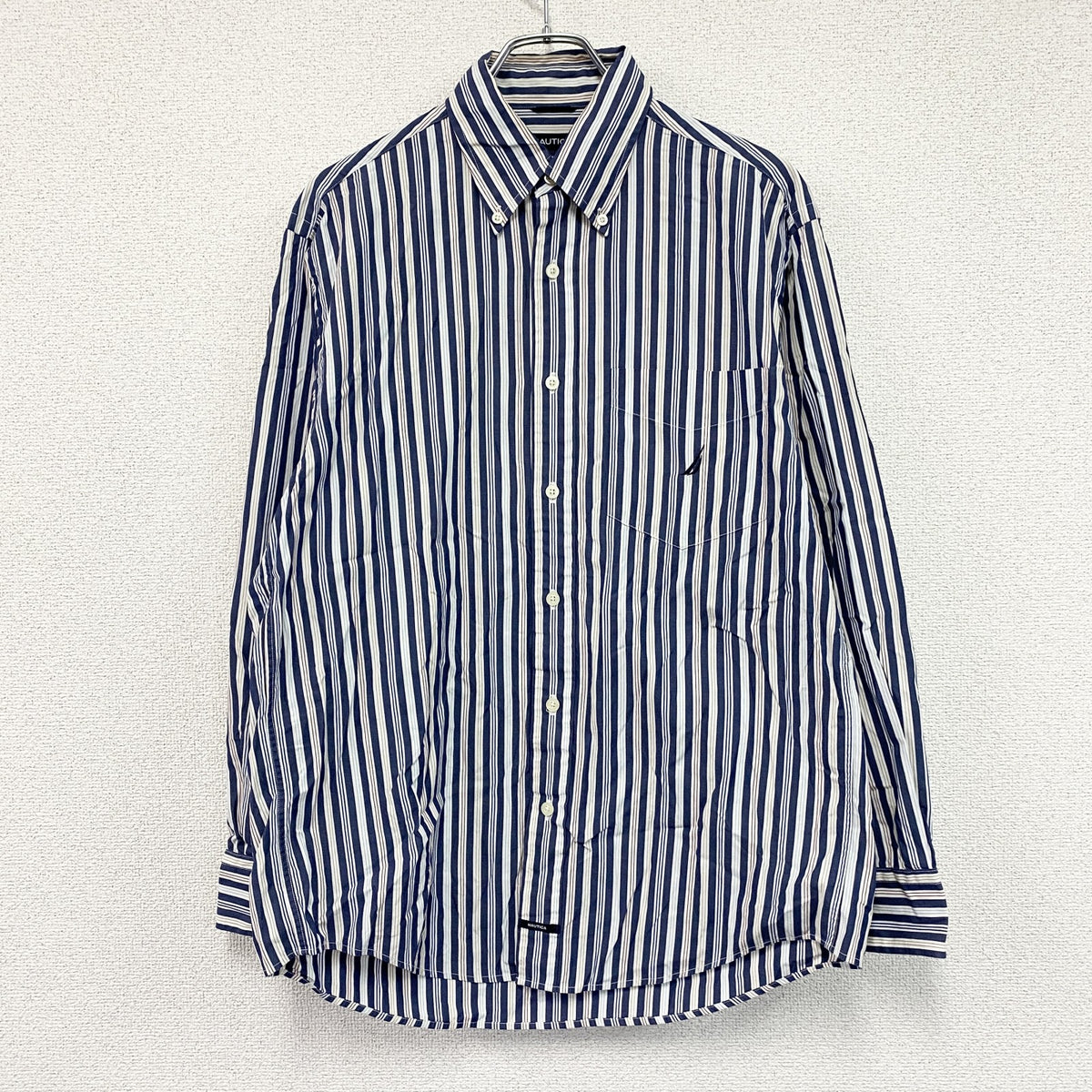 NAUTICA　ノーティカ　SANDED POPLIN　長袖ボタンダウンシャツ　ストライプ　マルチカラー　紺　ネイビー　Mサイズ　古着