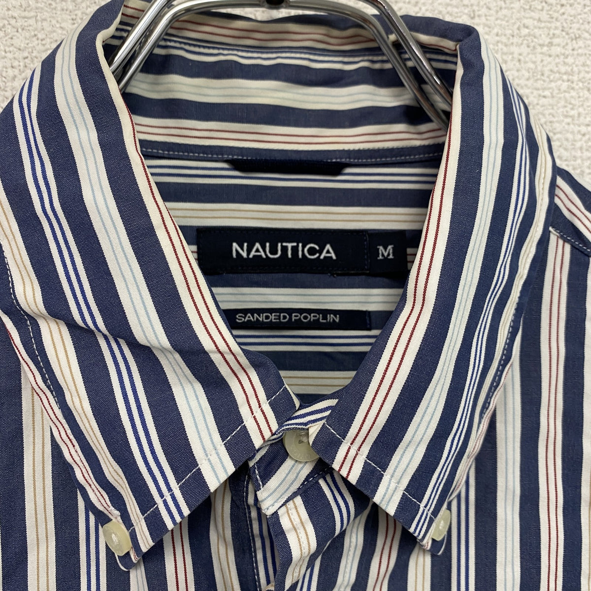 NAUTICA　ノーティカ　SANDED POPLIN　長袖ボタンダウンシャツ　ストライプ　マルチカラー　紺　ネイビー　Mサイズ　古着