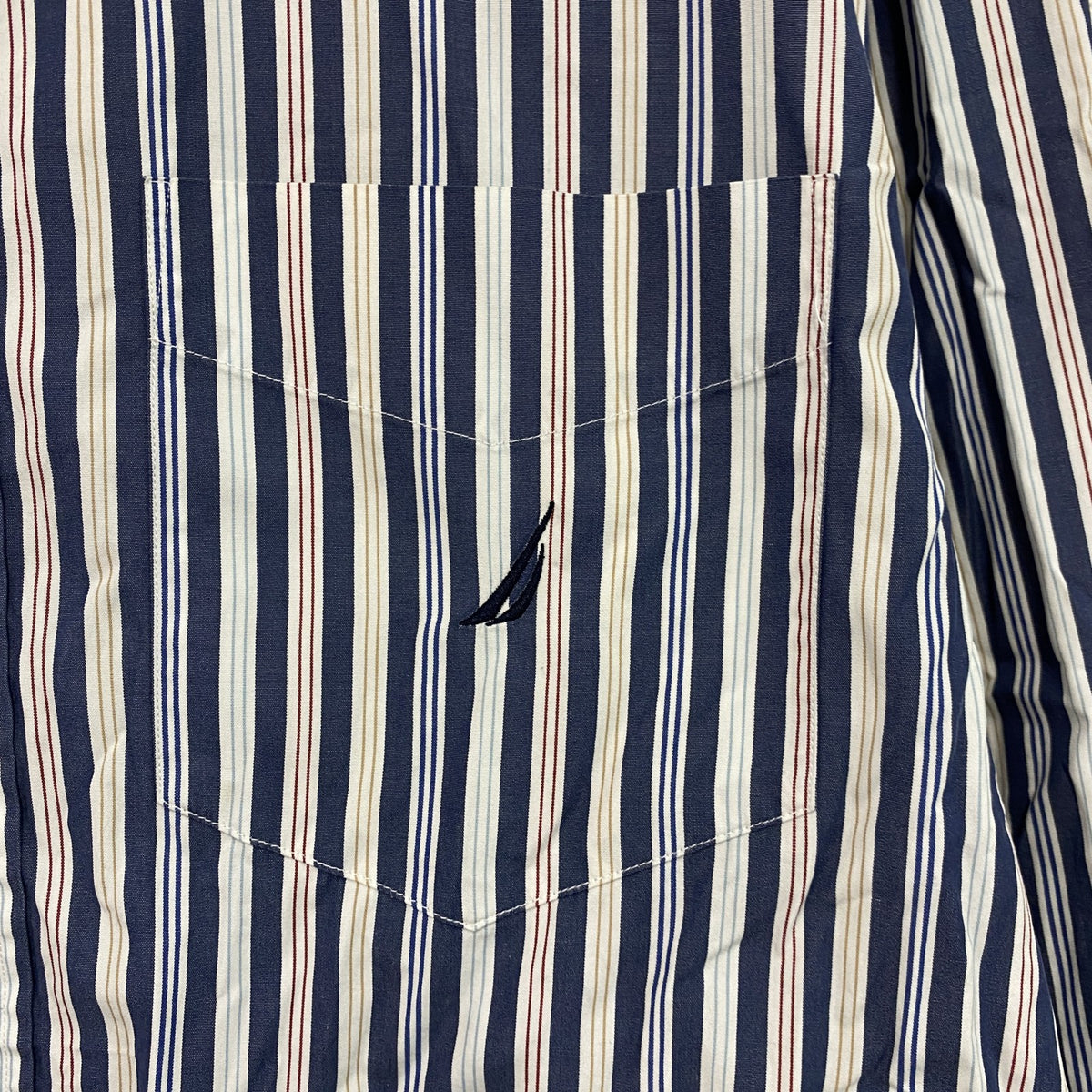 NAUTICA　ノーティカ　SANDED POPLIN　長袖ボタンダウンシャツ　ストライプ　マルチカラー　紺　ネイビー　Mサイズ　古着