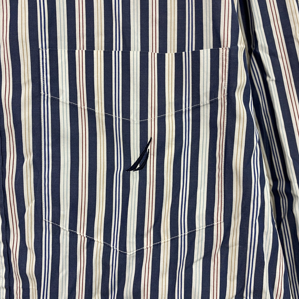 NAUTICA　ノーティカ　SANDED POPLIN　長袖ボタンダウンシャツ　ストライプ　マルチカラー　紺　ネイビー　Mサイズ