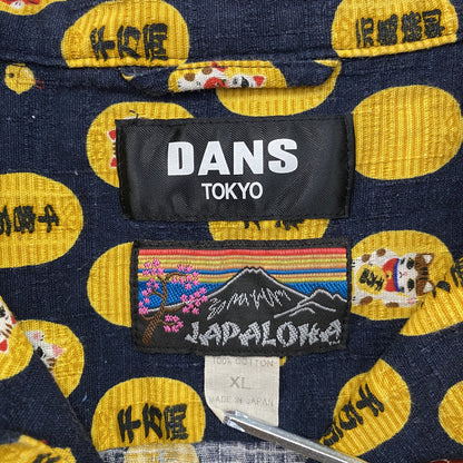 DANS TOKYO　ダントウキョウ　半袖シャツ　アロハシャツ　開襟シャツ　総柄　ネイビー　イエロー　XLサイズ　