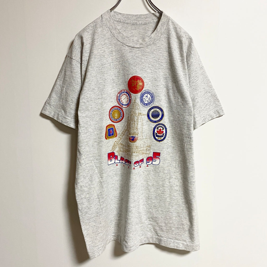90s　半袖プリントTシャツ　クルーネック　シングルステッチ　ALGOMA　グレー　灰色　春夏服　ヴィンテージ　古着
