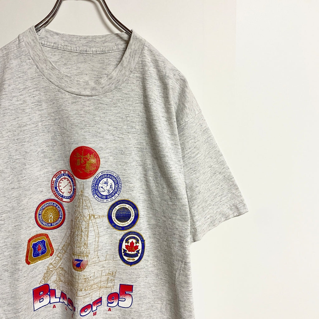 90s　半袖プリントTシャツ　クルーネック　シングルステッチ　ALGOMA　グレー　灰色　春夏服　ヴィンテージ　古着