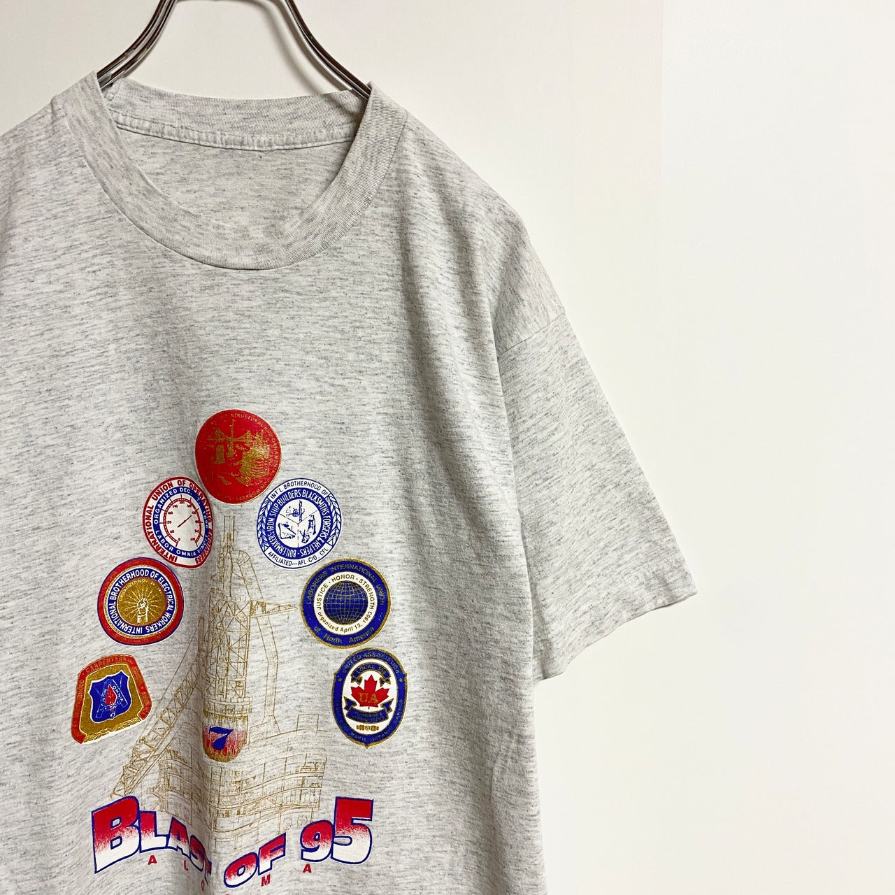 90s　半袖プリントTシャツ　クルーネック　シングルステッチ　ALGOMA　グレー　灰色　春夏服　ヴィンテージ　古着