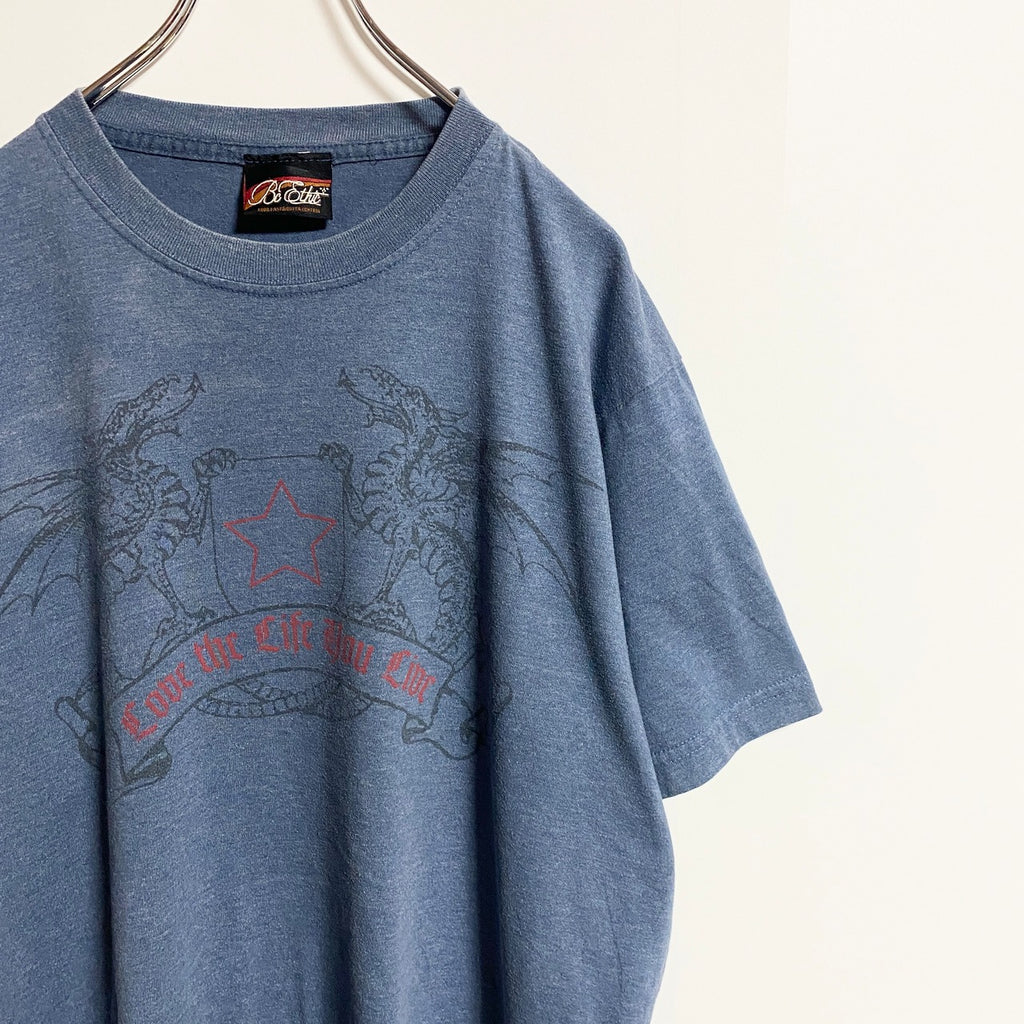 半袖プリントTシャツ　クルーネック　龍　ドラゴン　青　ブルー　Y2K　春夏服　ビッグシルエット　XLサイズ　古着