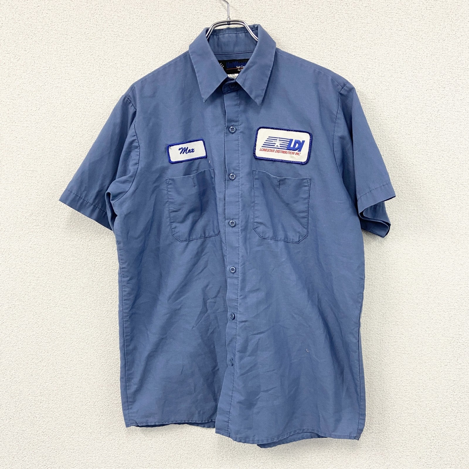 UniWeave　UniFirst　半袖ワークシャツ　ワッペン　青　ブルー　Lサイズ　古着
