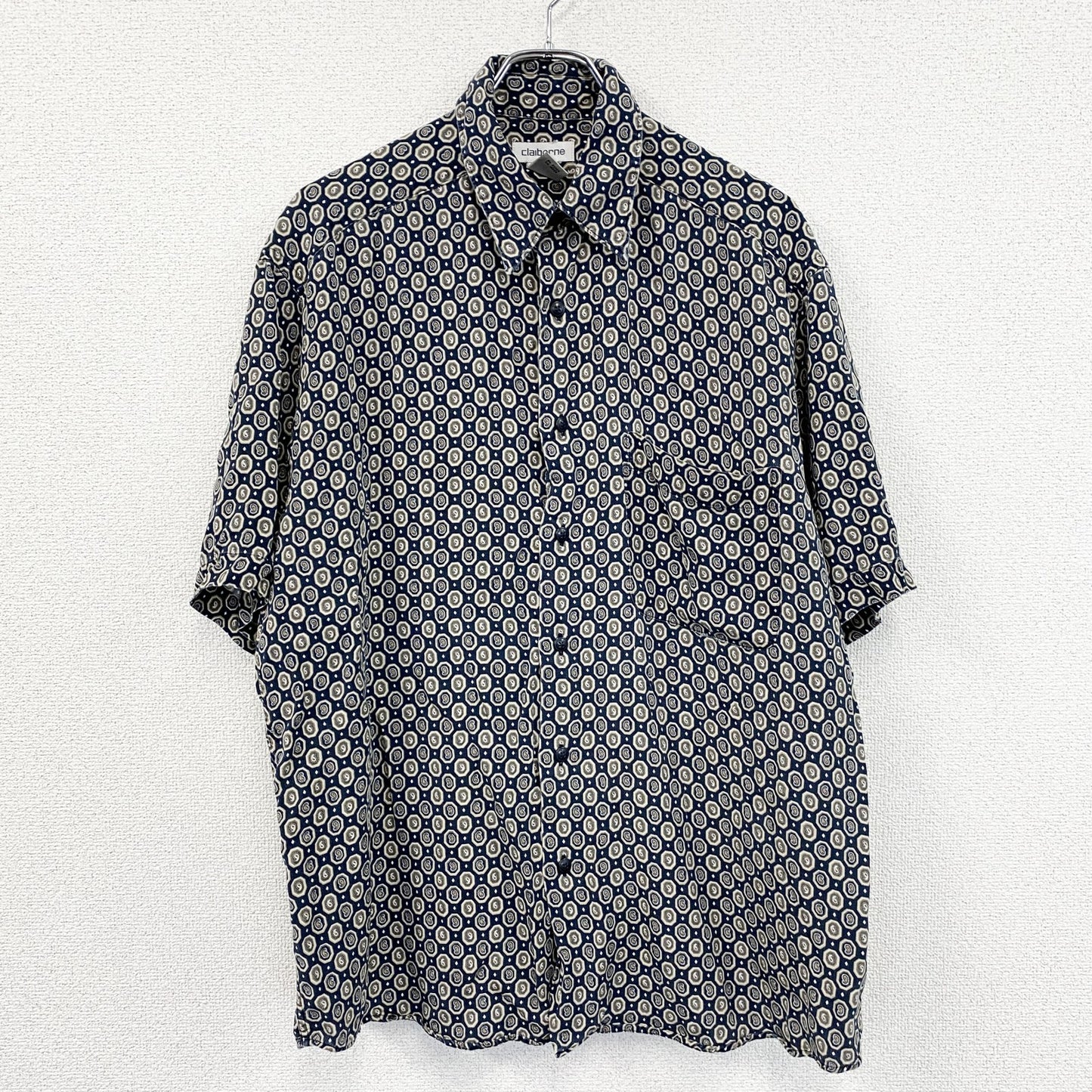 Claiborne　クレイボーン　半袖シャツ　総柄　紺　ネイビー　Lサイズ
