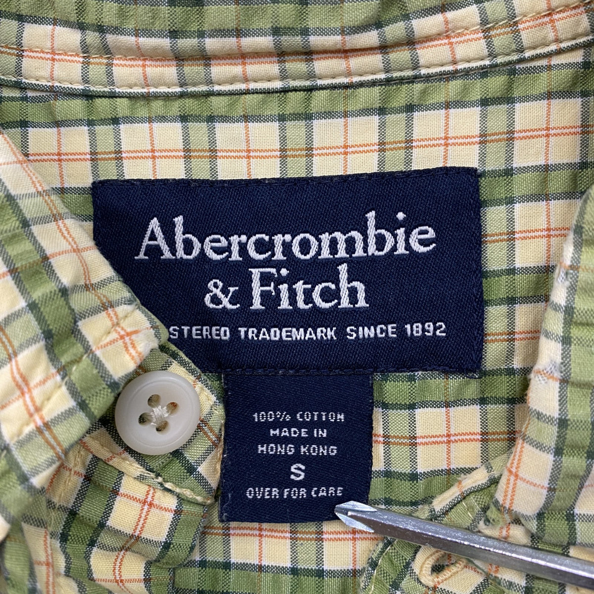 Abercrombie＆Fitch　アバクロンビーアンドフィッチ　半袖ボタンダウンシャツ　チェック柄　イエロー　Sサイズ　古着