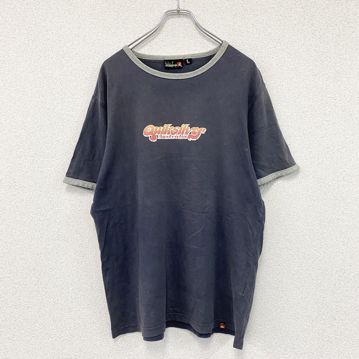 Quiksilver　クイックシルバー　半袖プリントTシャツ　リンガーT　紺　ネイビー　Lサイズ　古着