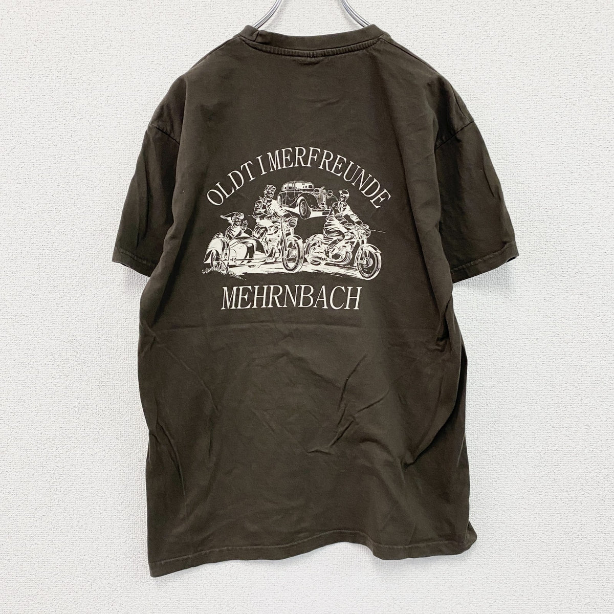 B＆C　半袖プリントTシャツ　アーチプリント　3連プリント　両面プリント　クルーネック　茶色　ブラウン　Mサイズ　古着