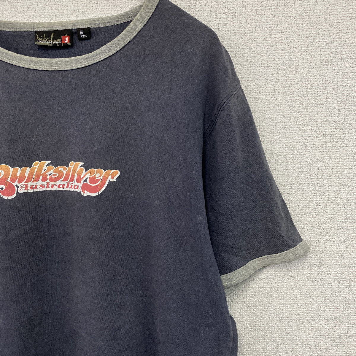 Quiksilver　クイックシルバー　半袖プリントTシャツ　リンガーT　紺　ネイビー　Lサイズ　古着