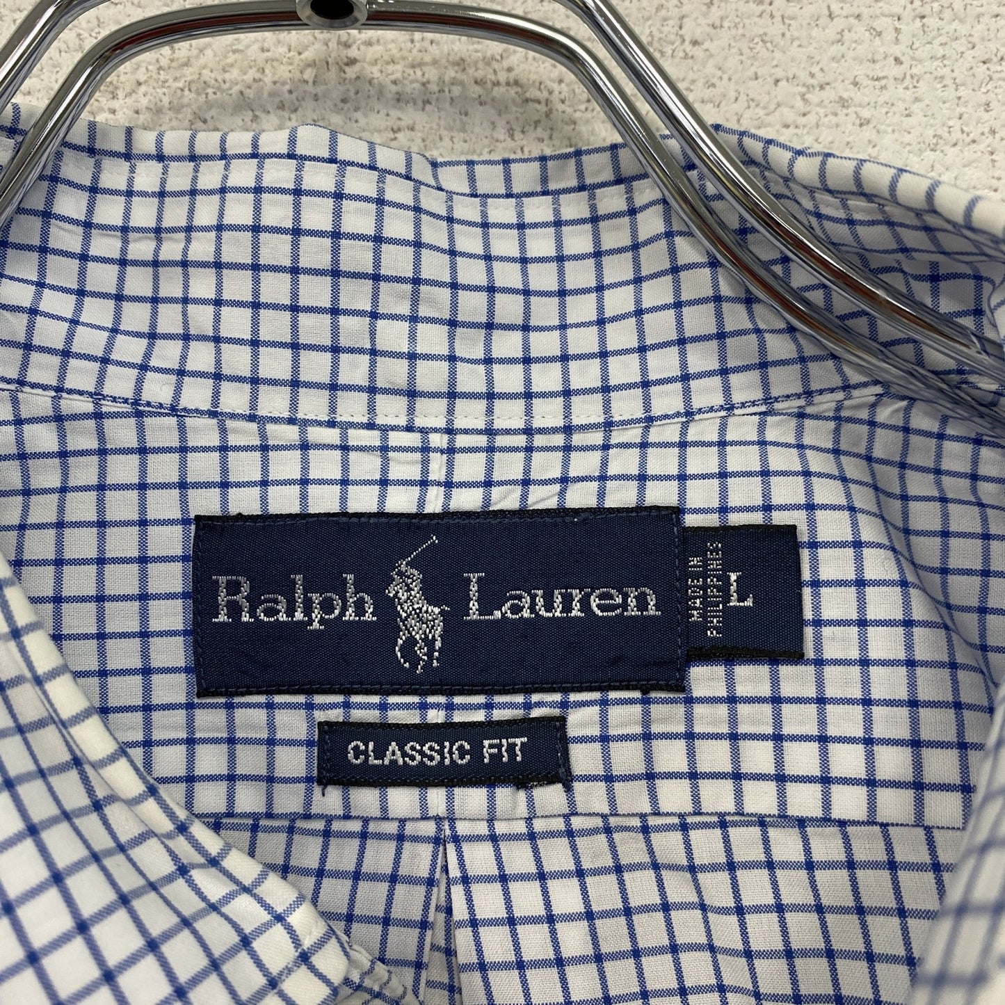 Ralph Lauren　ラルフローレン　半袖ボタンダウンシャツ　チェック柄　白　ホワイト　青　ブルー　Lサイズ