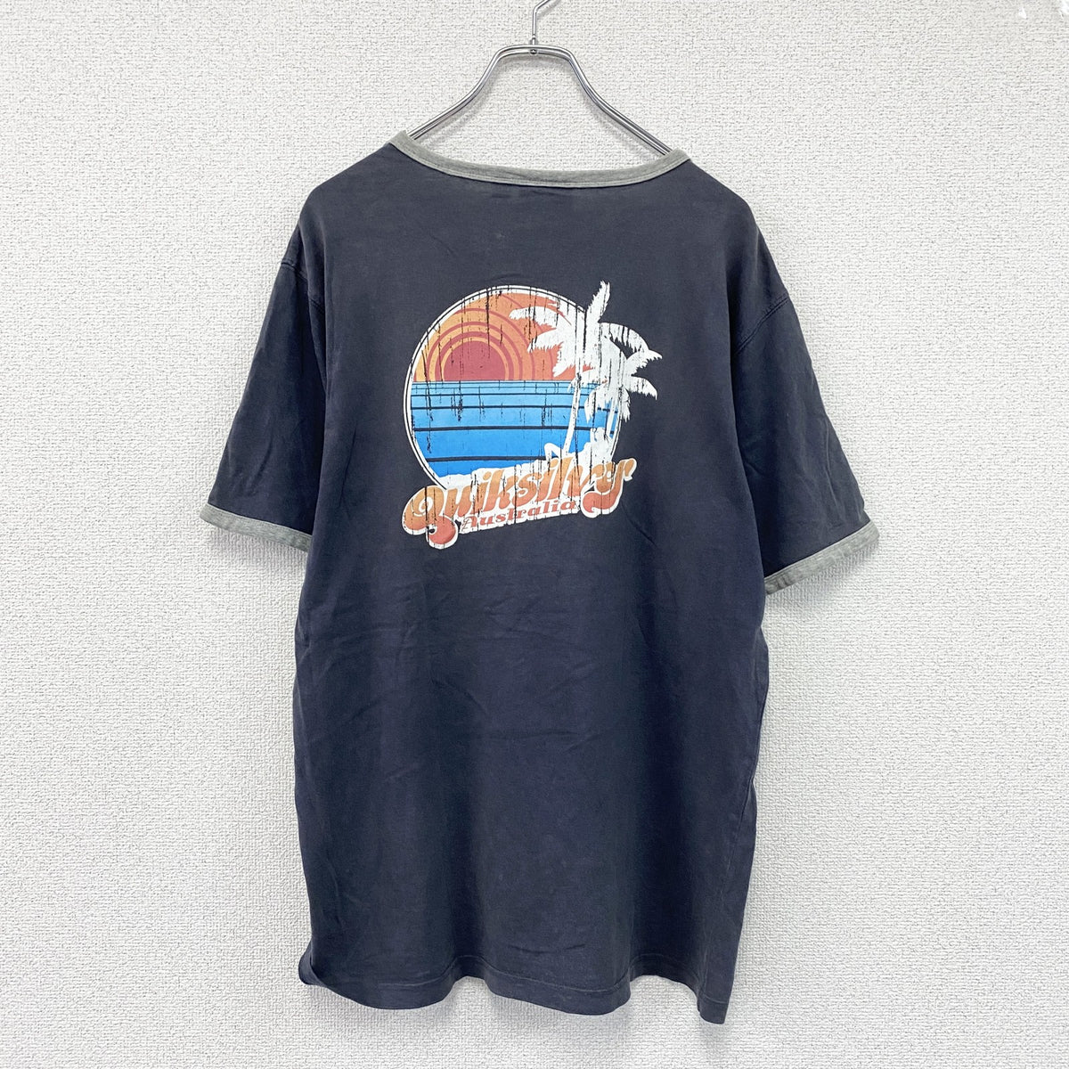 Quiksilver　クイックシルバー　半袖プリントTシャツ　リンガーT　紺　ネイビー　Lサイズ　古着