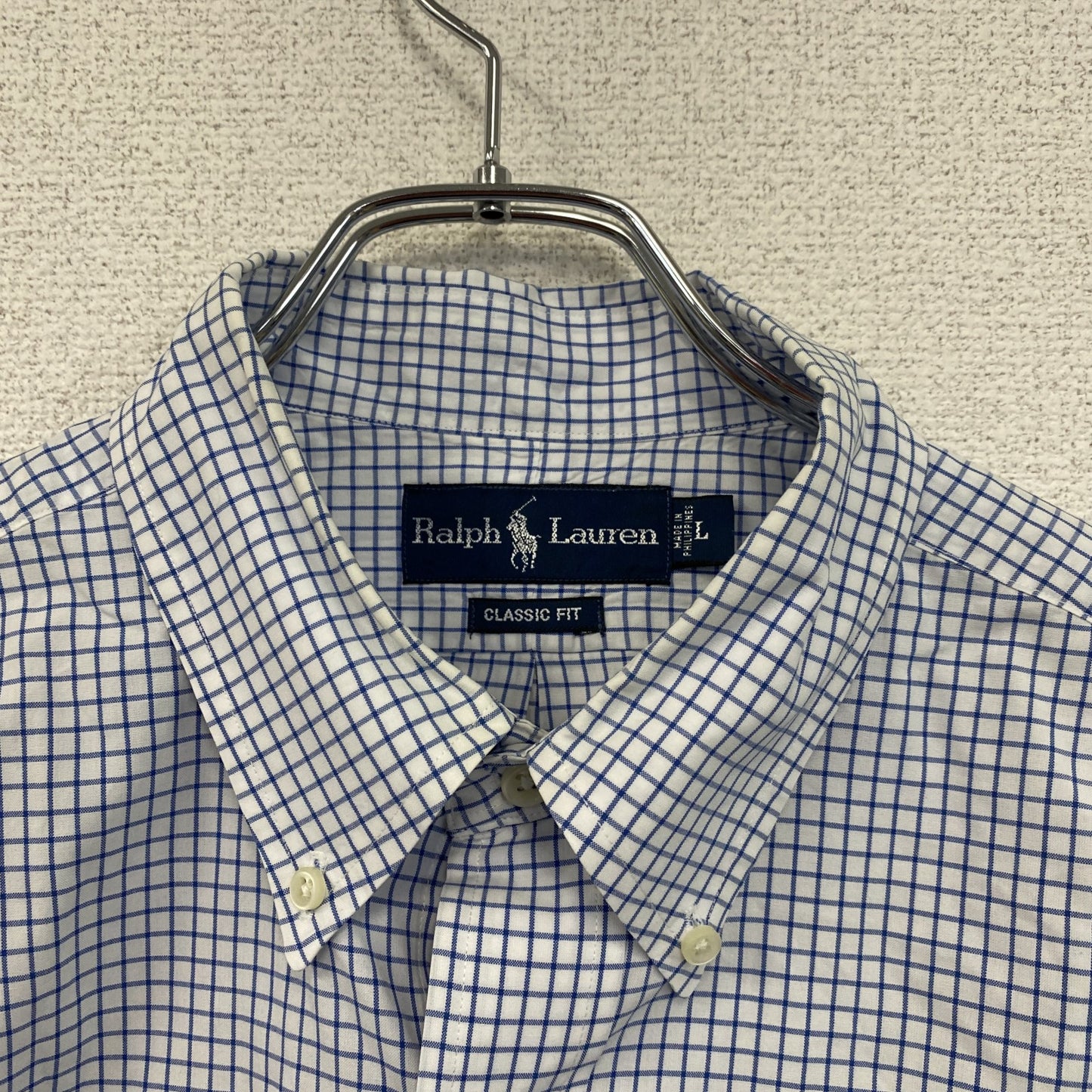 Ralph Lauren　ラルフローレン　半袖ボタンダウンシャツ　チェック柄　白　ホワイト　青　ブルー　Lサイズ