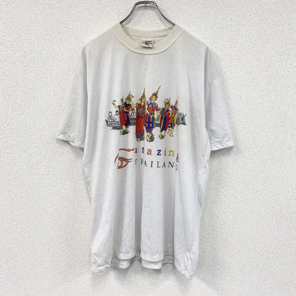 Thailand　半袖プリントTシャツ　シングルステッチ　白　ホワイト カットソー メンズ コットン 古着