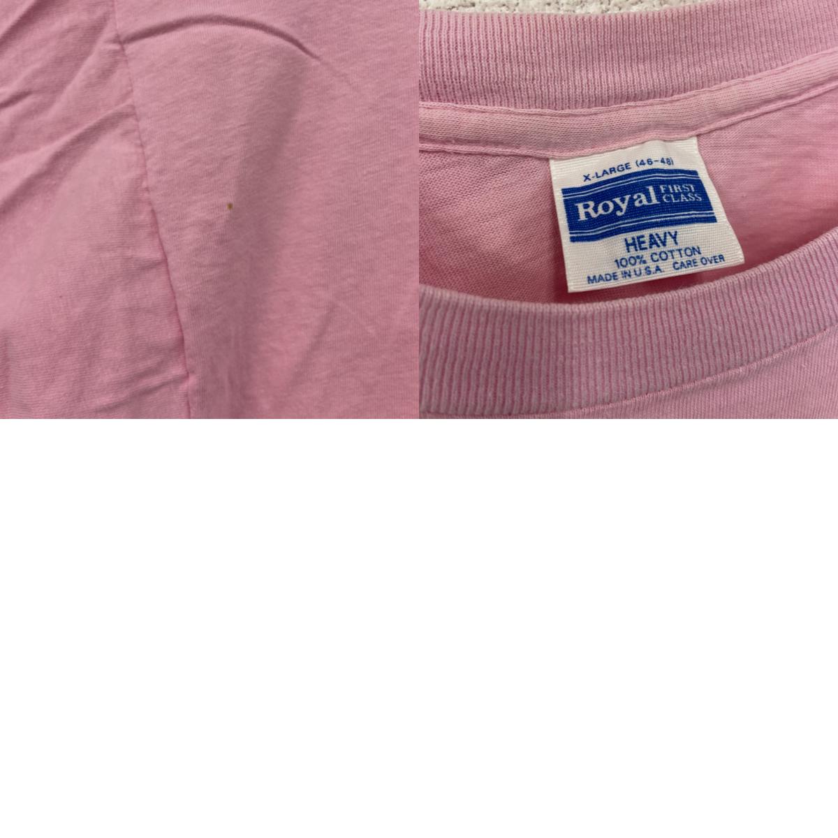 Royal FIRST CLASS　半袖プリントTシャツ　シングルステッチ　ピンク　XLサイズ カットソー メンズ コットン 古着