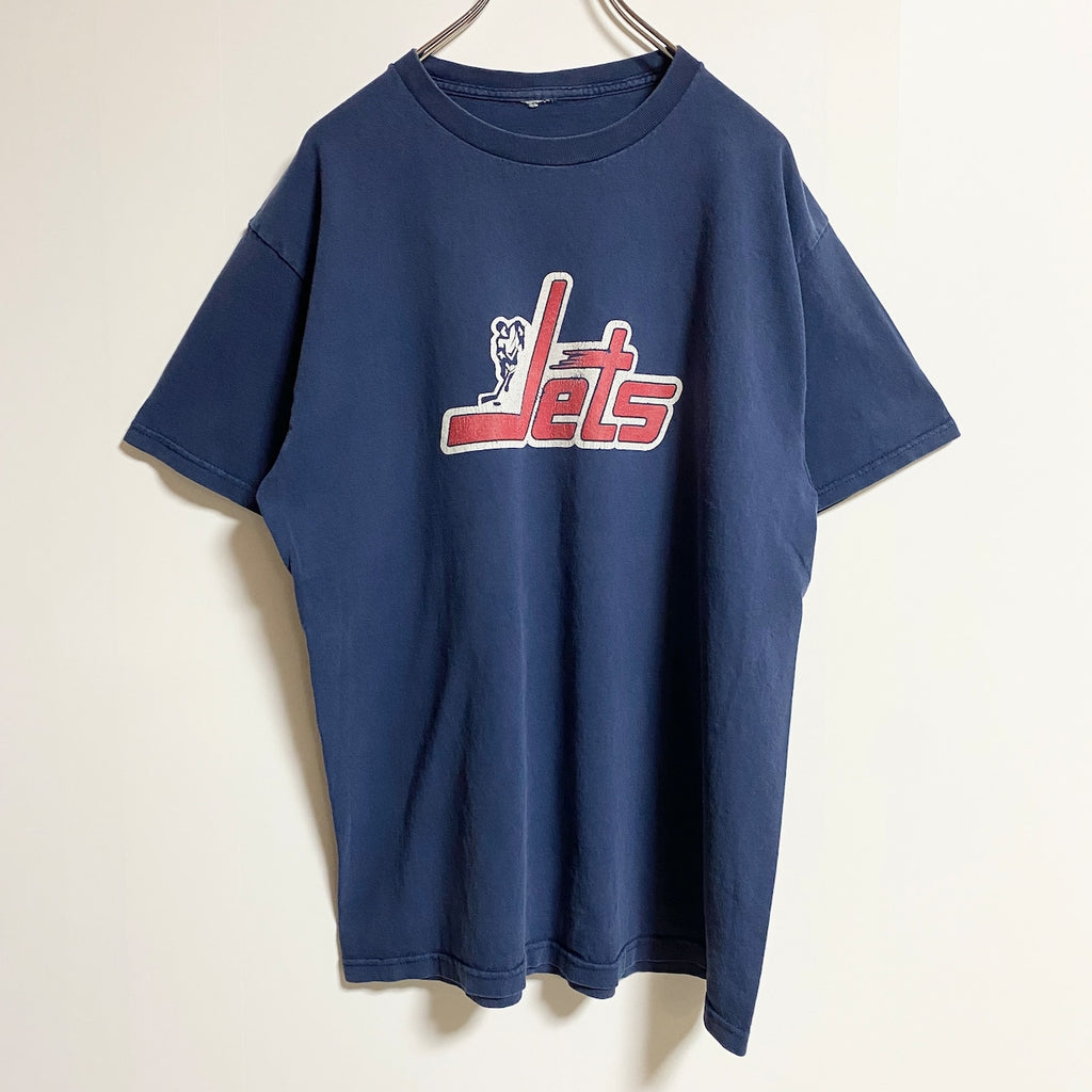 半袖プリントTシャツ　クルーネック　Jets　ホッケー　スポーツ　ネイビー　紺　春夏服　メンズ　レディース　古着