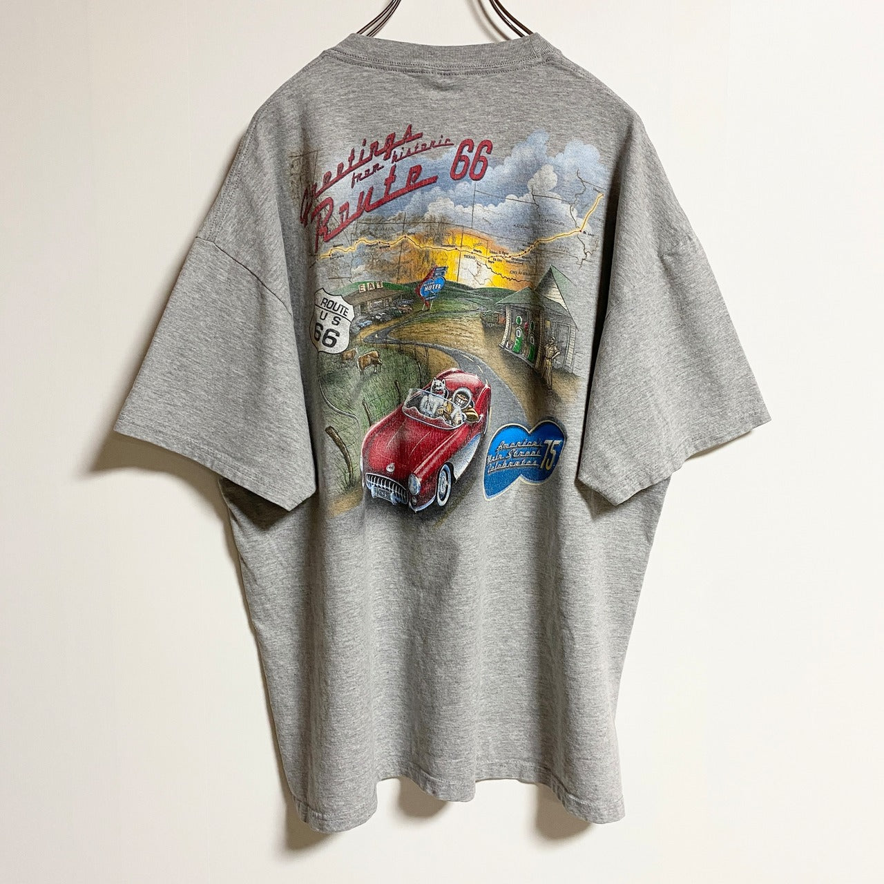 古着 used　Hanes　ヘインズ　半袖プリントTシャツ　クルーネック　Route66　車　柴犬　グレー　春夏服　XLサイズ