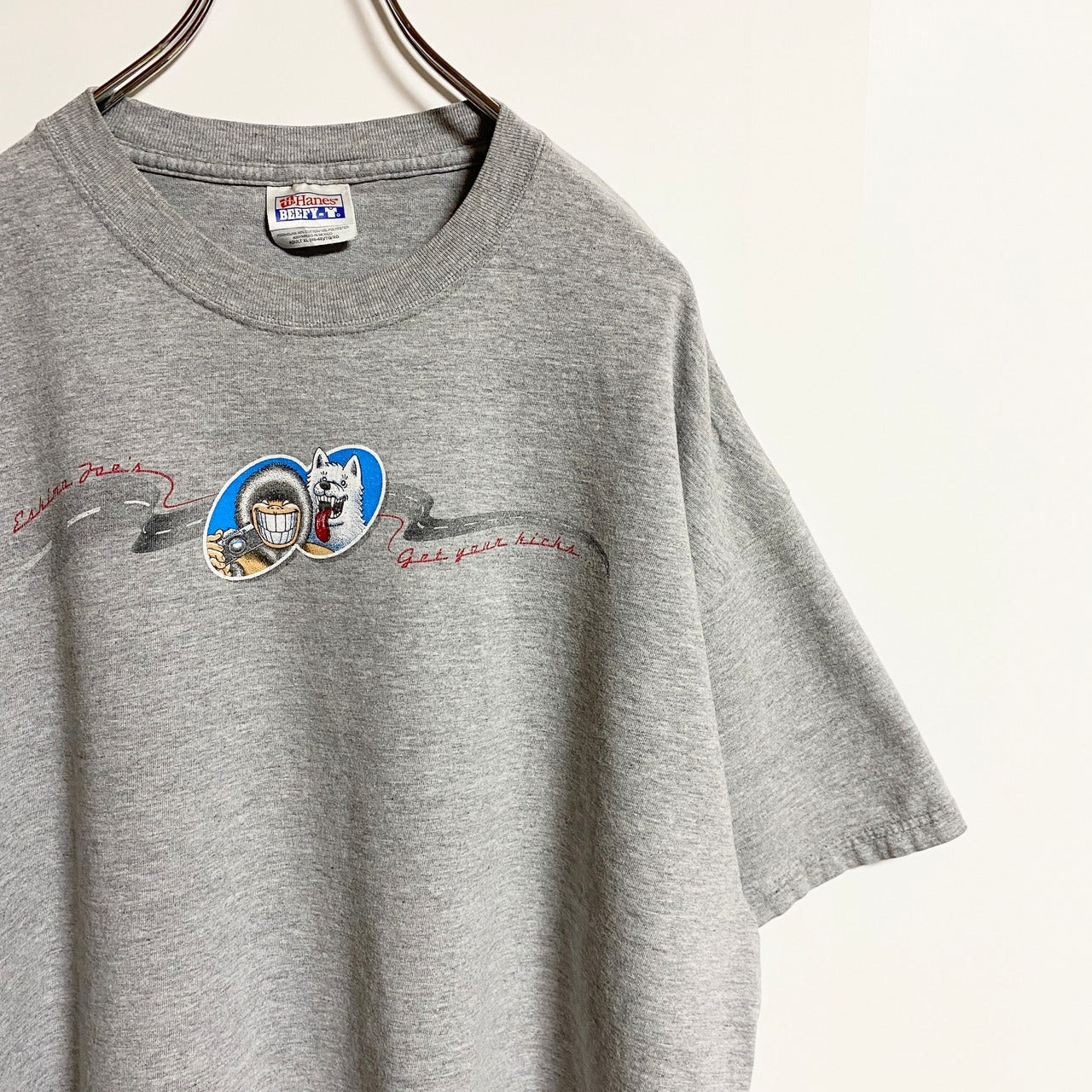 古着 used　Hanes　ヘインズ　半袖プリントTシャツ　クルーネック　Route66　車　柴犬　グレー　春夏服　XLサイズ