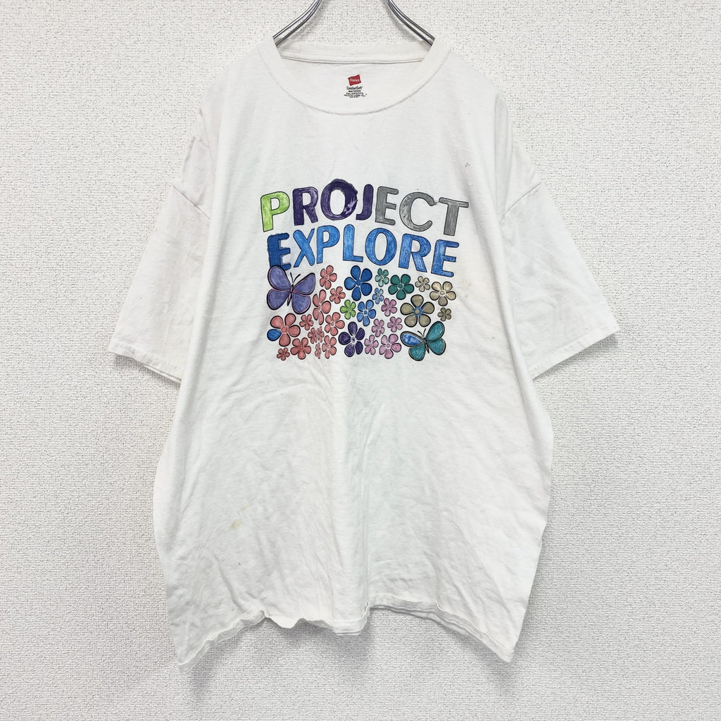 Hanes　ヘインズ　半袖プリントイラストTシャツ　3連プリント　蝶　白　ホワイト　2XLサイズ　古着