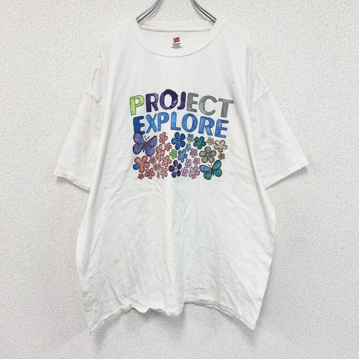 Hanes　ヘインズ　半袖プリントイラストTシャツ　3連プリント　蝶　白　ホワイト　2XLサイズ　古着