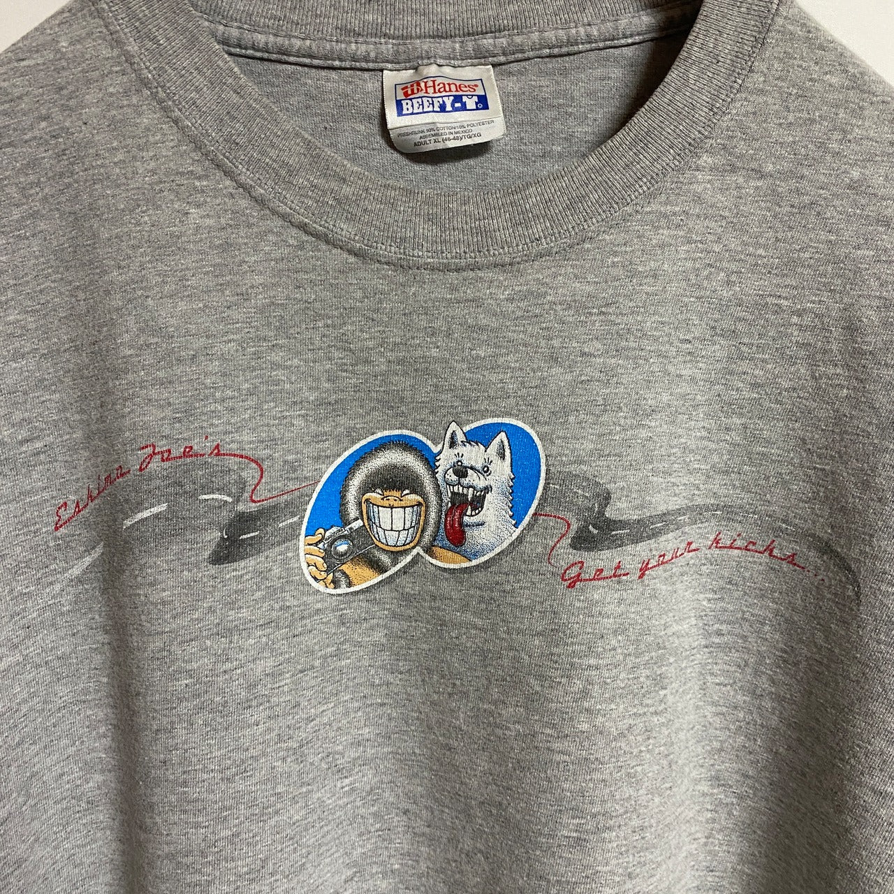 古着 used　Hanes　ヘインズ　半袖プリントTシャツ　クルーネック　Route66　車　柴犬　グレー　春夏服　XLサイズ