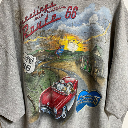 古着 used　Hanes　ヘインズ　半袖プリントTシャツ　クルーネック　Route66　車　柴犬　グレー　春夏服　XLサイズ