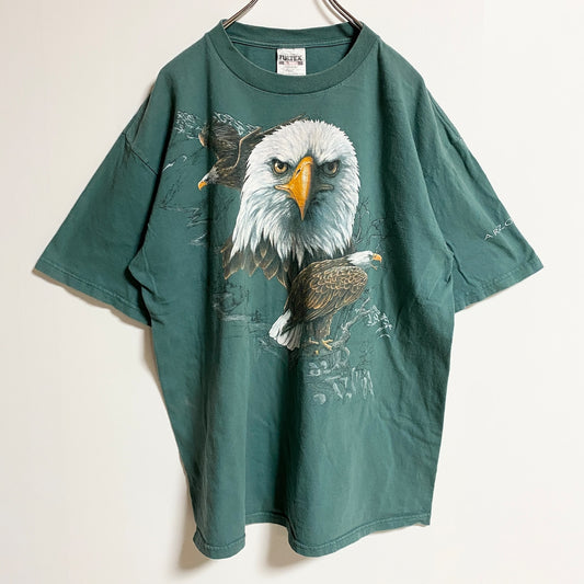 古着 used　TULTEX　半袖アニマル柄プリントTシャツ　鳥　鷲　緑　グリーン　春夏服　ビッグシルエット　XLサイズ