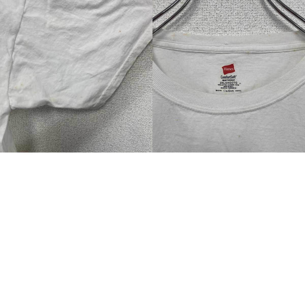 Hanes　ヘインズ　半袖プリントイラストTシャツ　3連プリント　蝶　白　ホワイト　2XLサイズ　古着